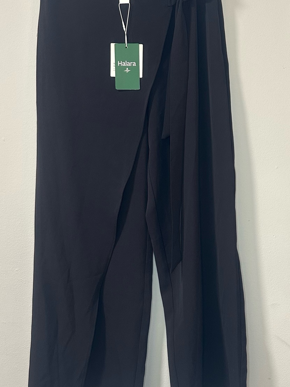 HALARA Black Wide-Leg Wrap Pants with Tie Waist